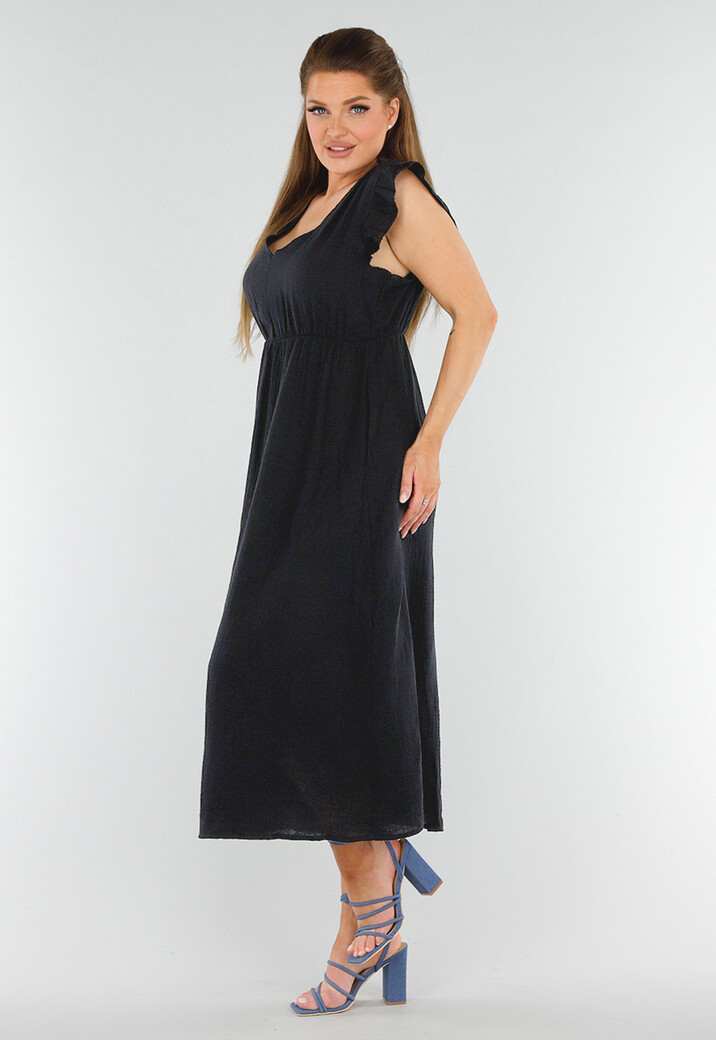 Zwarte Linnenlook Midi Jurk met V-Hals en Ruchemouwtjes