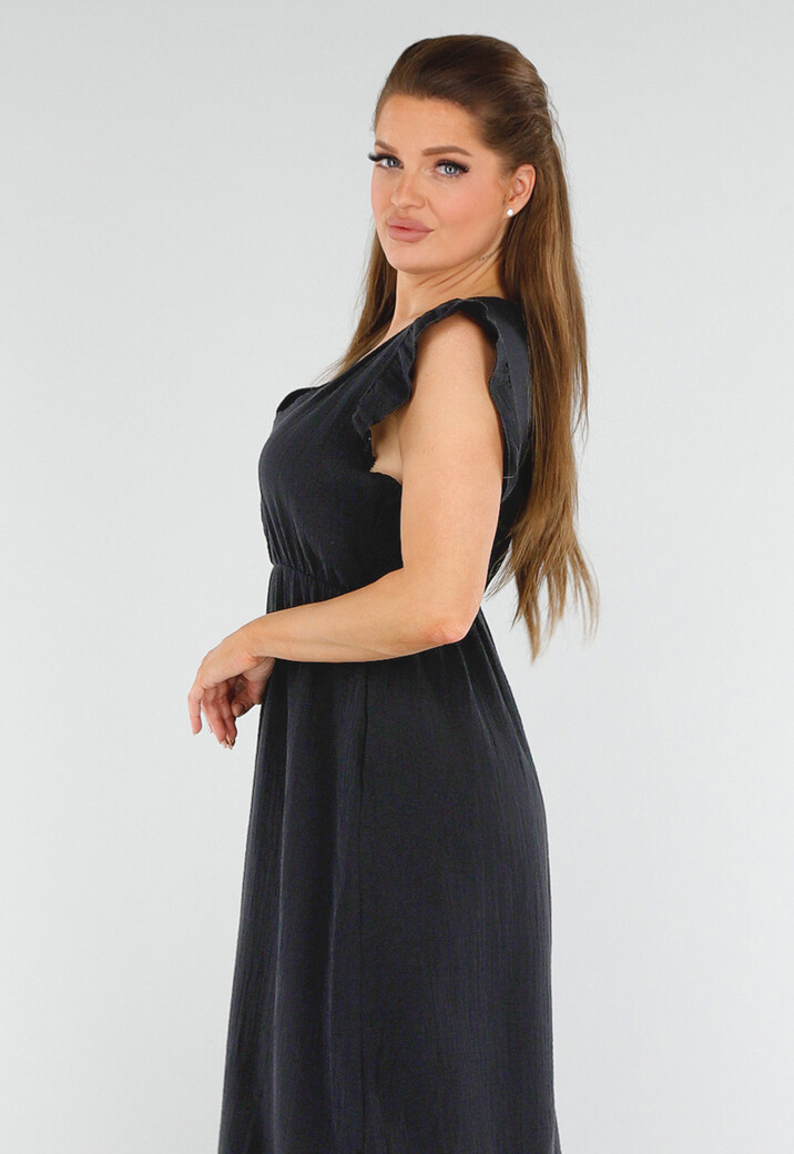 Zwarte Linnenlook Midi Jurk met V-Hals en Ruchemouwtjes