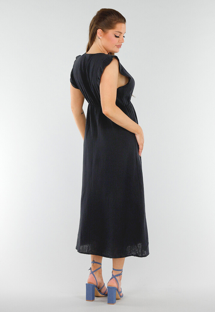 Zwarte Linnenlook Midi Jurk met V-Hals en Ruchemouwtjes