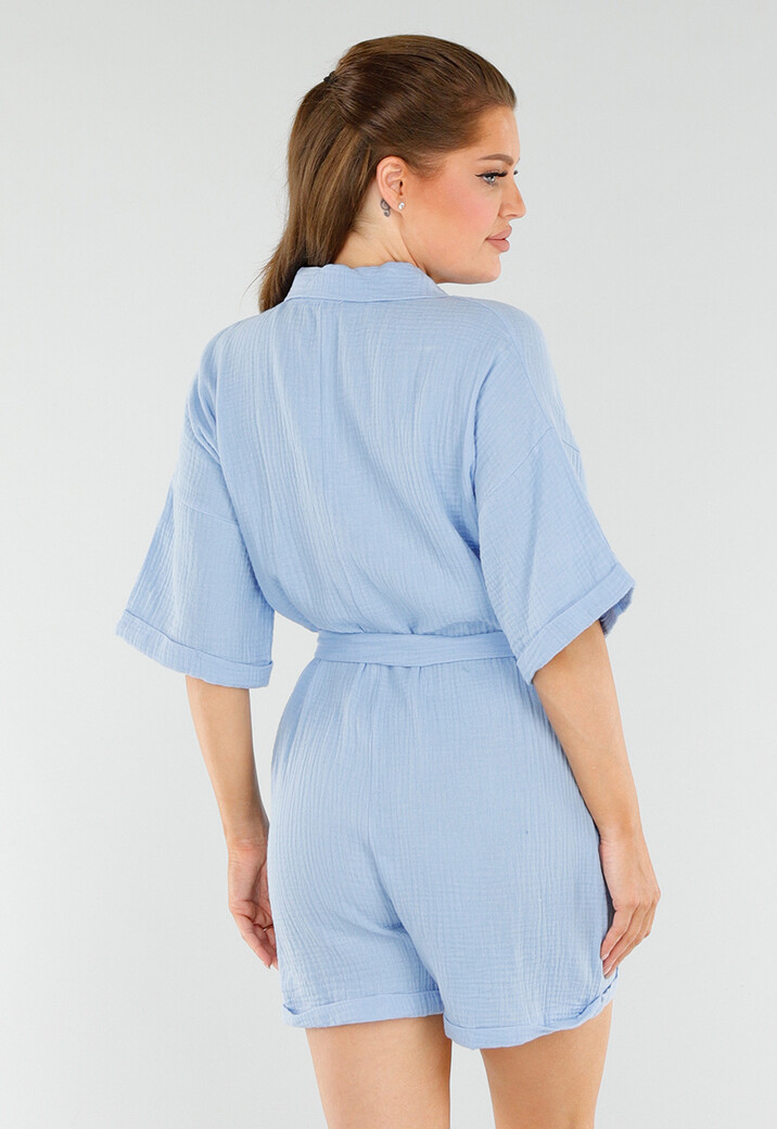 Babyblauwe Playsuit met Ceintuur, Zakken en Knoopsluiting