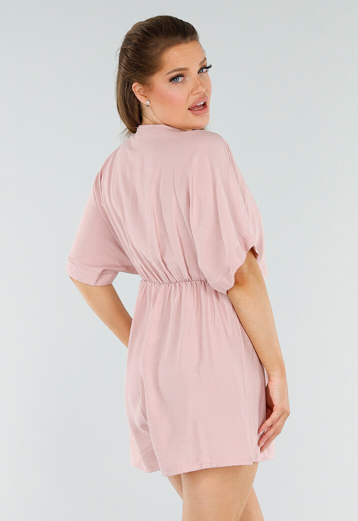Oudroze Playsuit met Linnenlook en Overslag V-Hals