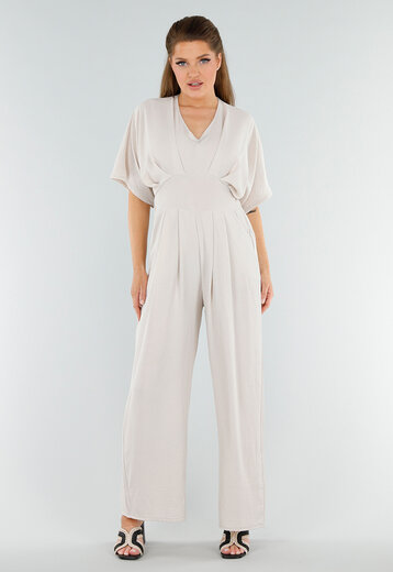 Beige Jumpsuit met Wijde Pijpen en Zakken
