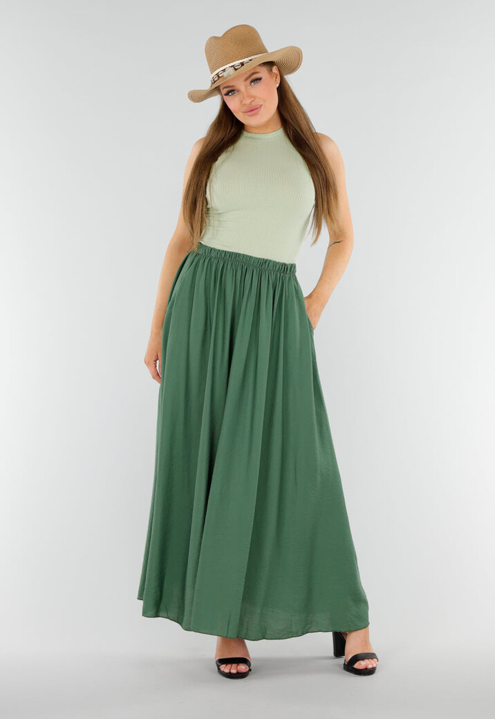 Mosgroene Linnenlook Maxi Rok met Zakken en Elastische Tailleband