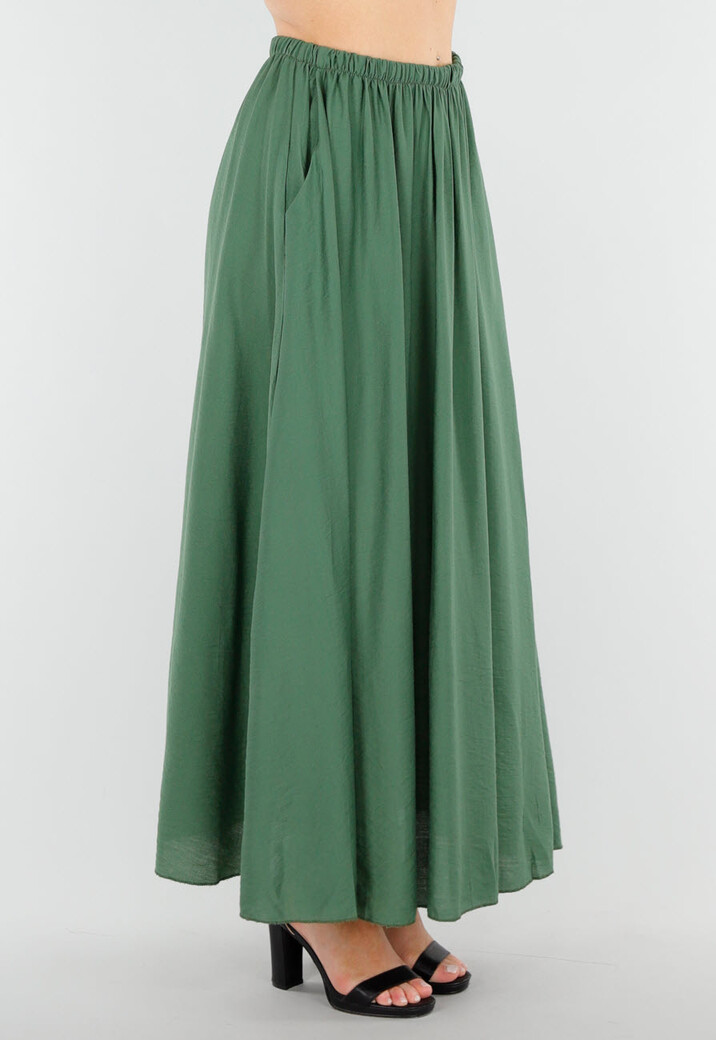 Mosgroene Linnenlook Maxi Rok met Zakken en Elastische Tailleband