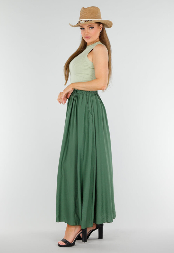 Mosgroene Linnenlook Maxi Rok met Zakken en Elastische Tailleband