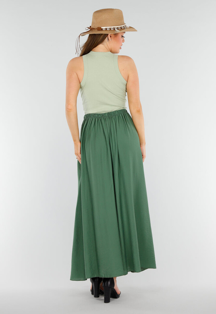 Mosgroene Linnenlook Maxi Rok met Zakken en Elastische Tailleband
