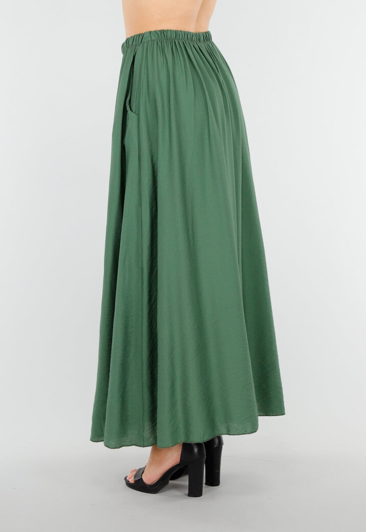 Mosgroene Linnenlook Maxi Rok met Zakken en Elastische Tailleband