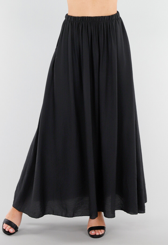 Zwarte Linnenlook Maxi Rok met Elastische Tailleband