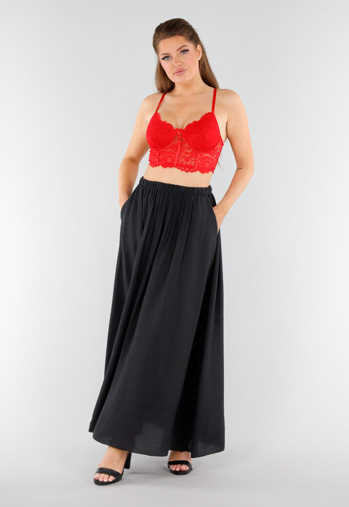 Zwarte Linnenlook Maxi Rok met Elastische Tailleband