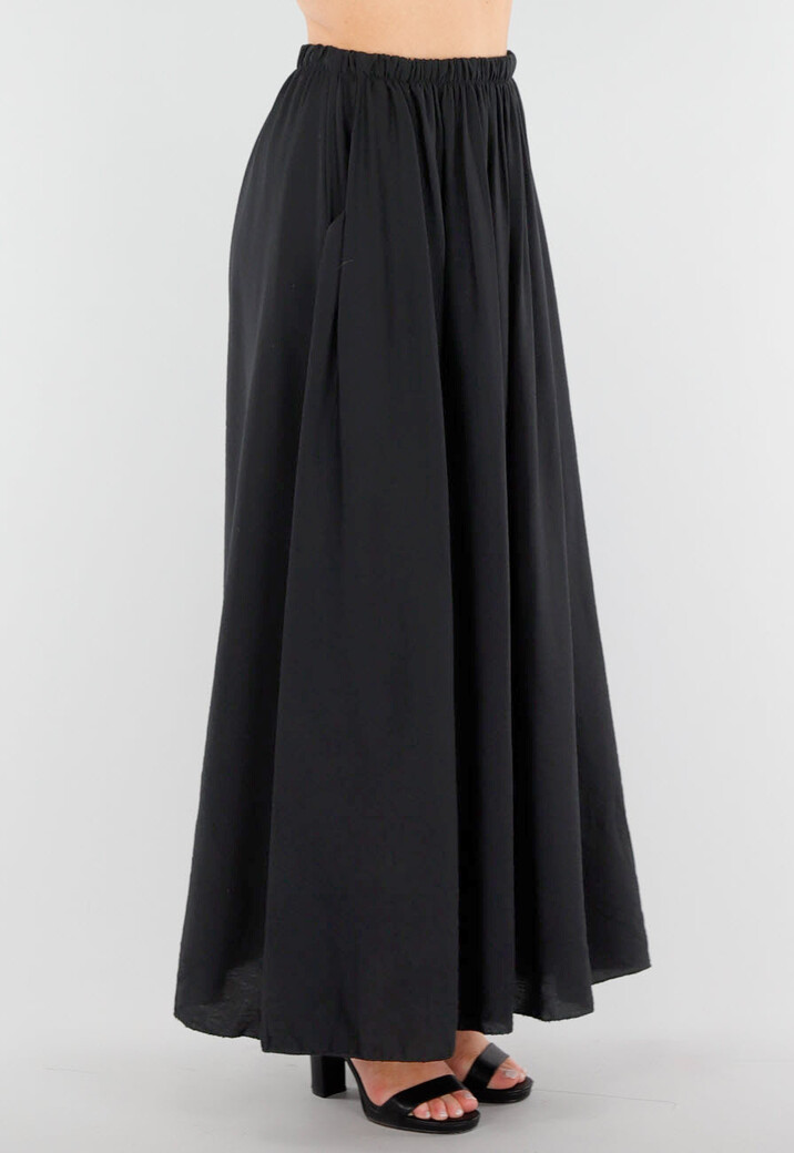 Zwarte Linnenlook Maxi Rok met Elastische Tailleband