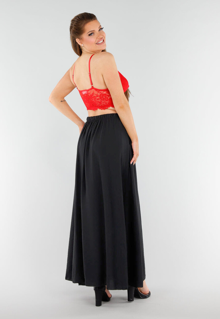 Zwarte Linnenlook Maxi Rok met Elastische Tailleband