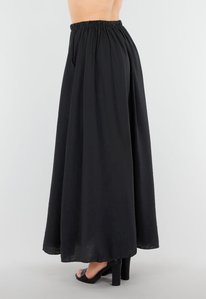 Zwarte Linnenlook Maxi Rok met Elastische Tailleband