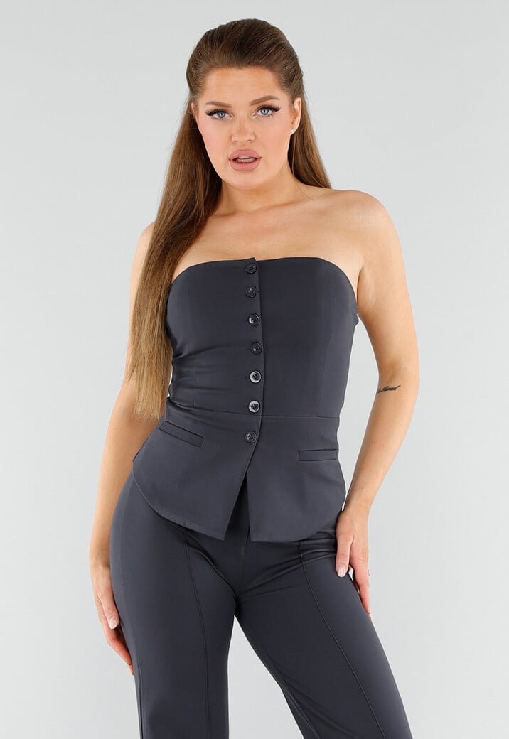 Antraciet Strapless Top Met Knoopsluiting en Getailleerde Fit