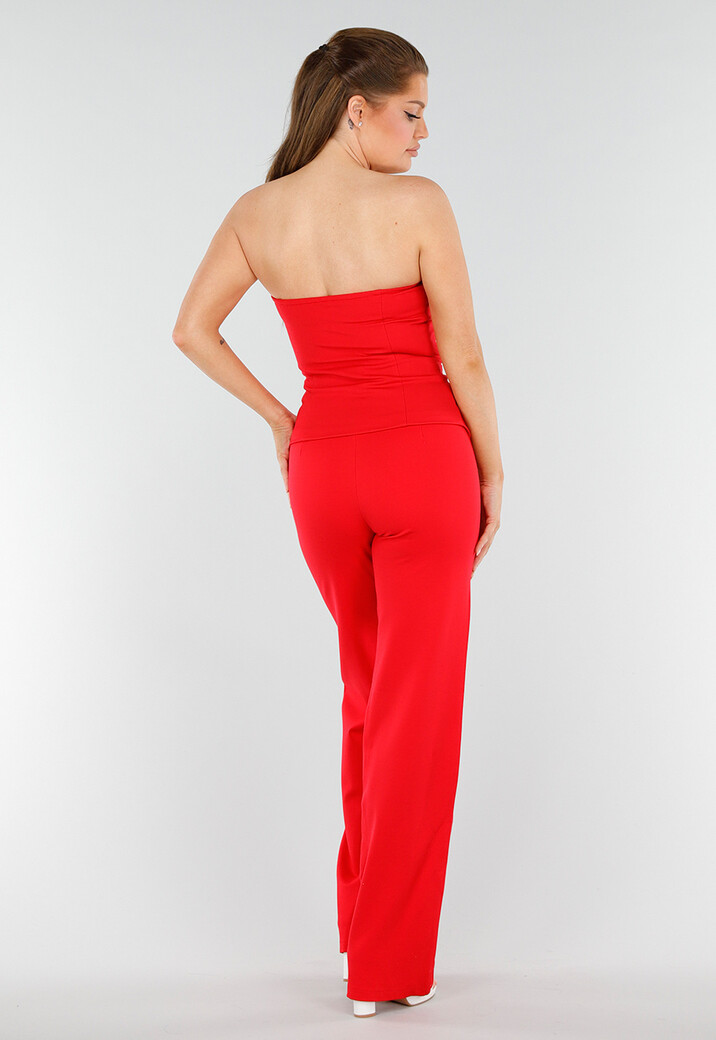 Rood Strapless Knoopdetail Korsettop met Plooi en Paspelzakken