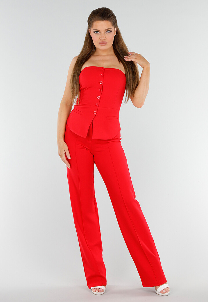 Rood Strapless Knoopdetail Korsettop met Plooi en Paspelzakken