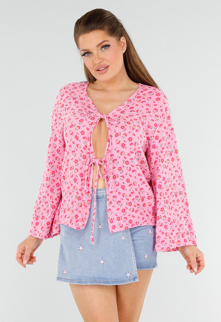 Roze Blouse met Rode Bloemenprint en Striksluiting Voor