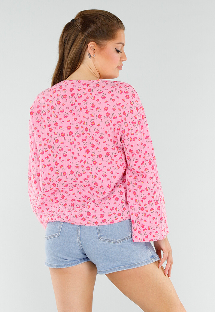 Roze Blouse met Rode Bloemenprint en Striksluiting Voor