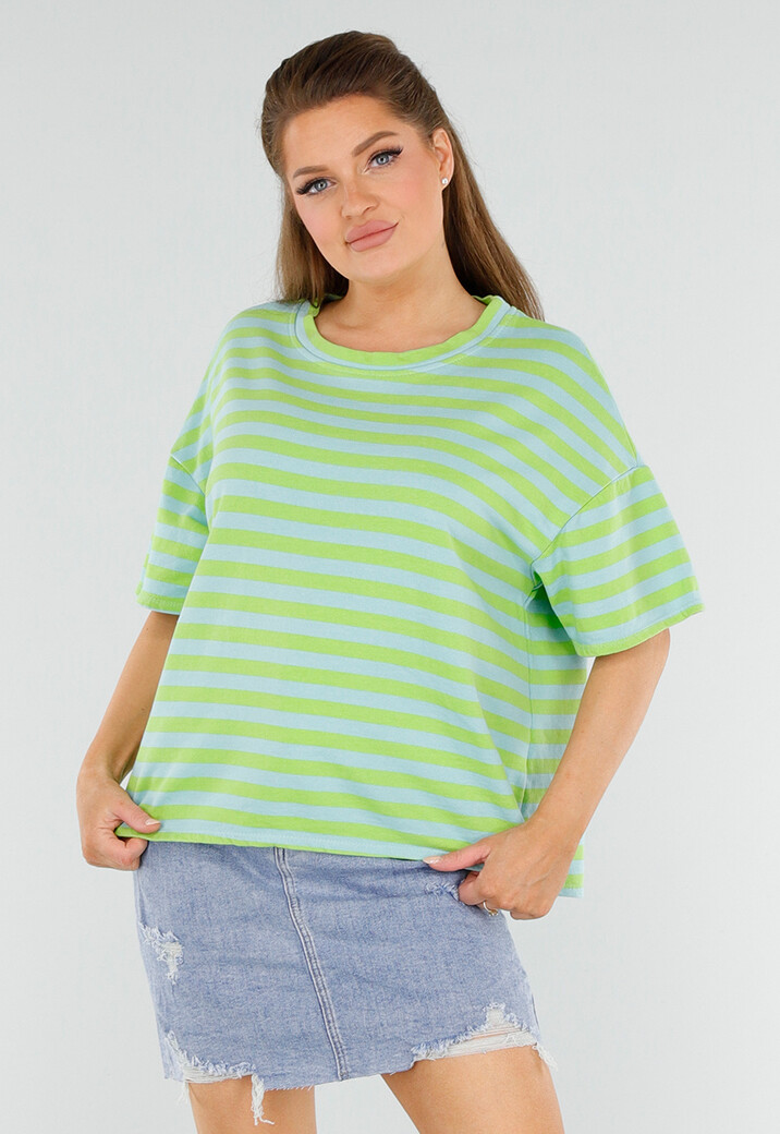 Groen en Blauw Gestreepte Oversized Top met Ronde Hals