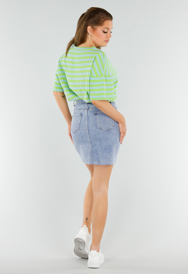 Groen en Blauw Gestreepte Oversized Top met Ronde Hals