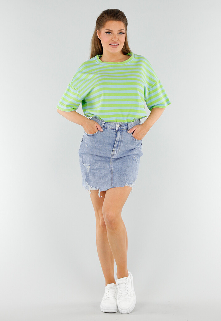 Groen en Blauw Gestreepte Oversized Top met Ronde Hals