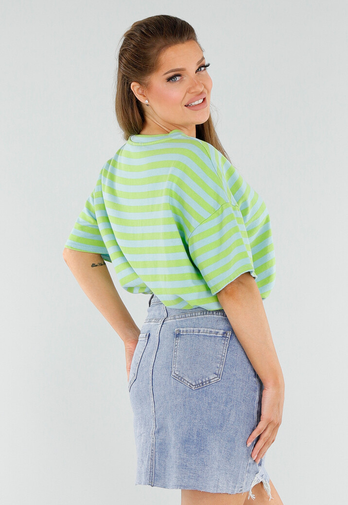 Groen en Blauw Gestreepte Oversized Top met Ronde Hals