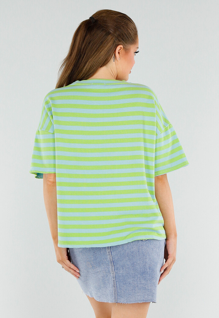 Groen en Blauw Gestreepte Oversized Top met Ronde Hals