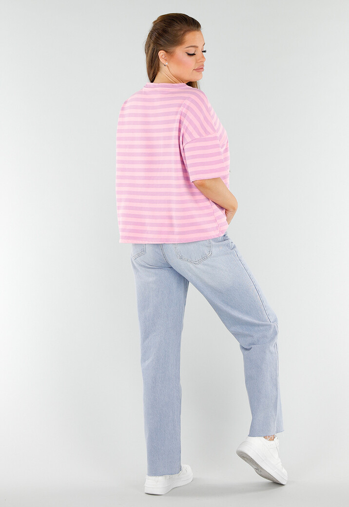 Lila en Lichtroze Gestreepte Top met Ronde Hals