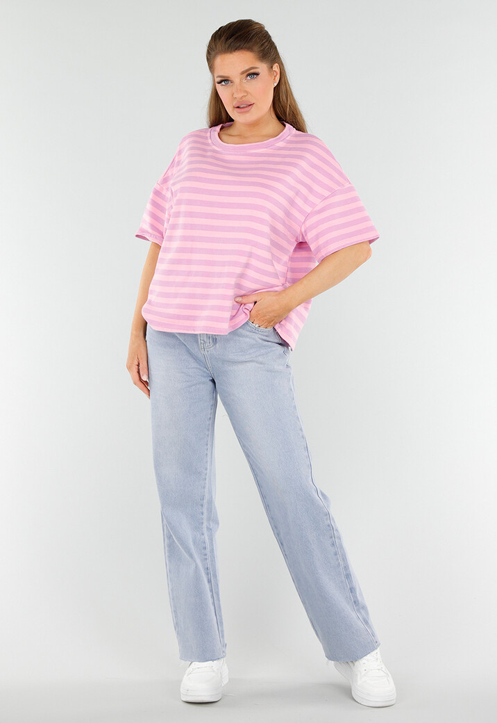 Lila en Lichtroze Gestreepte Top met Ronde Hals