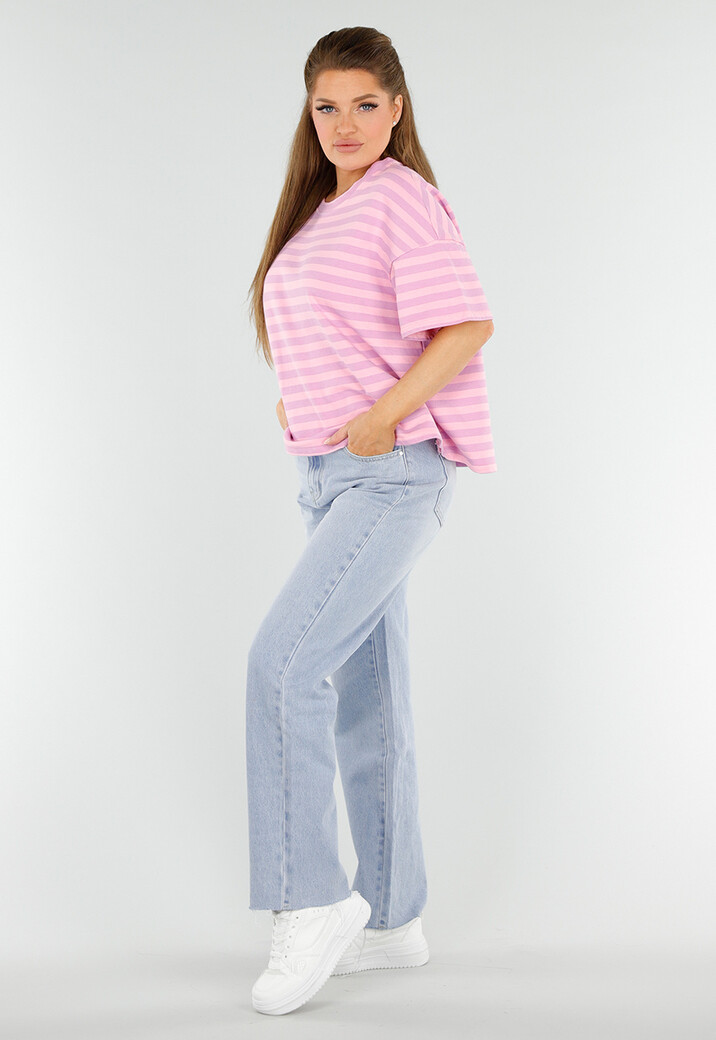 Lila en Lichtroze Gestreepte Top met Ronde Hals