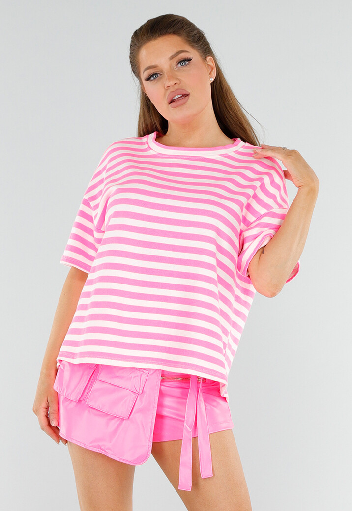 Felroze en Wit Gestreept T-Shirt met Ronde Hals