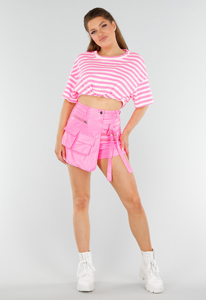 Felroze en Wit Gestreept T-Shirt met Ronde Hals