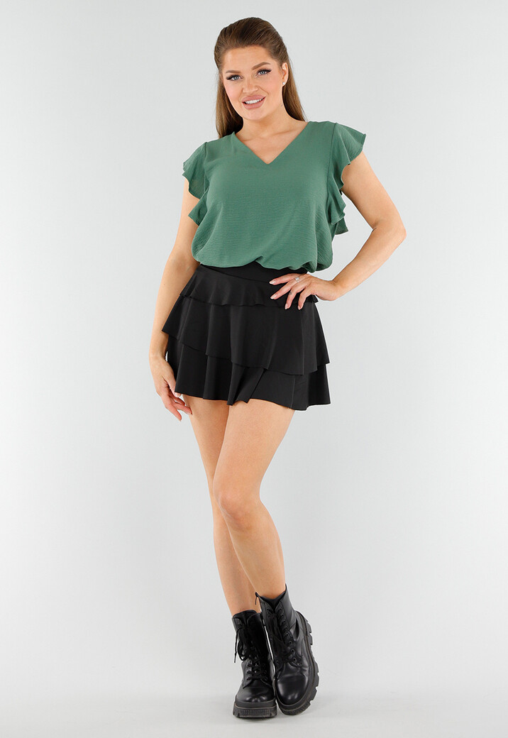 Mosgroene Top met V-Hals en Gelaagde Ruchemouwen