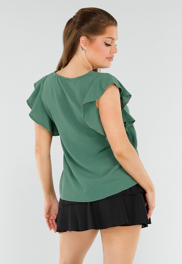 Mosgroene Top met V-Hals en Gelaagde Ruchemouwen