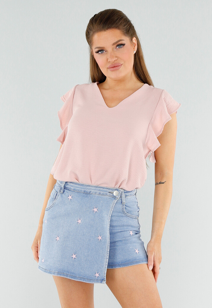 Lichtroze Top met V-Hals en Gelaagde Ruchemouwen