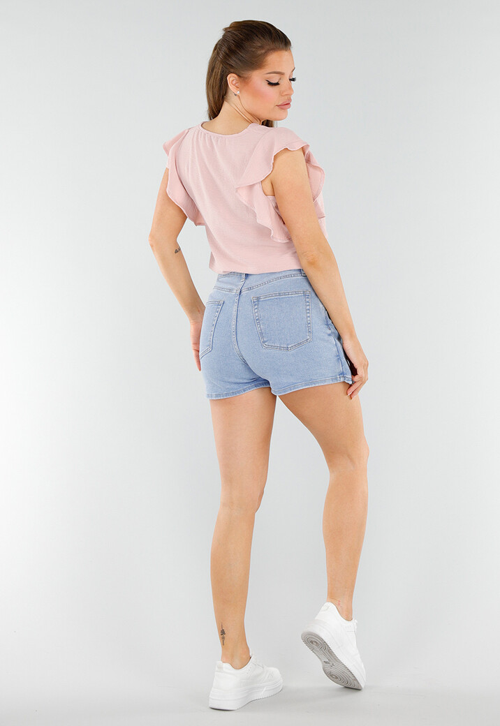 Lichtroze Top met V-Hals en Gelaagde Ruchemouwen