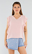 Lichtroze Top met V-Hals en Gelaagde Ruchemouwen