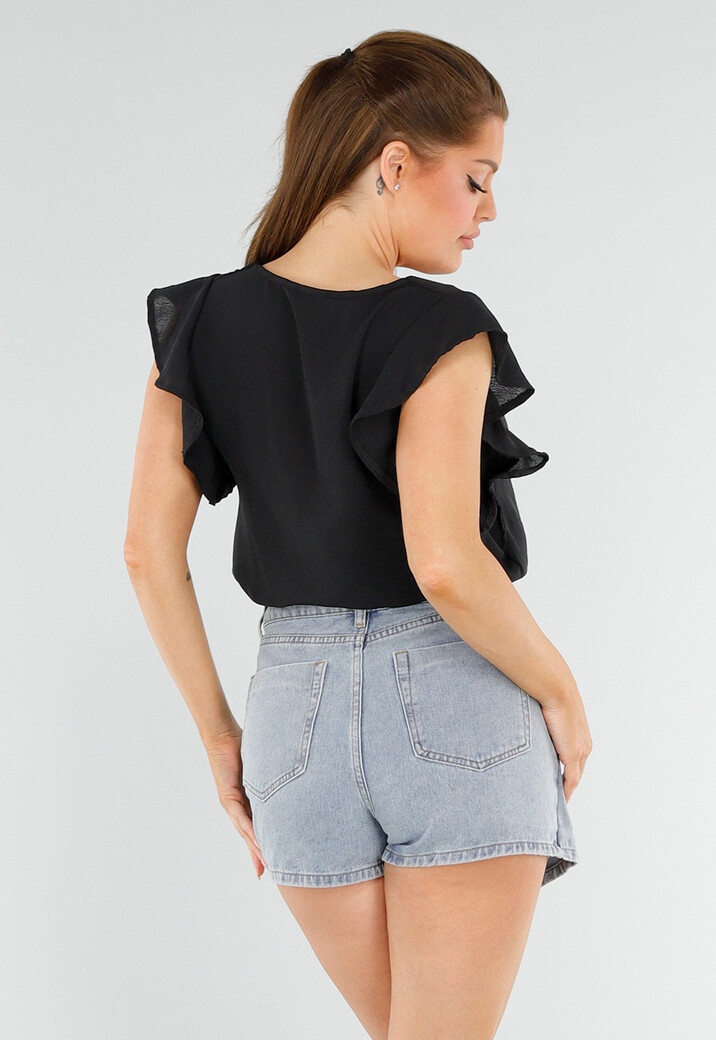 Zwarte Blouse met V-Hals en Ruches aan de Mouwen