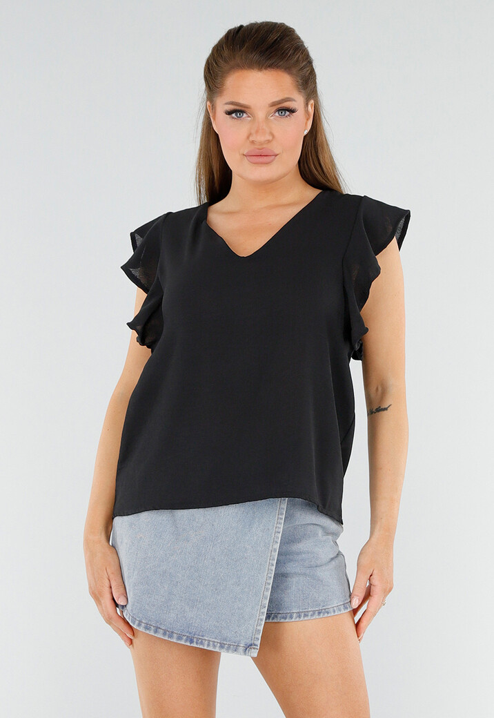 Zwarte Blouse met V-Hals en Ruches aan de Mouwen