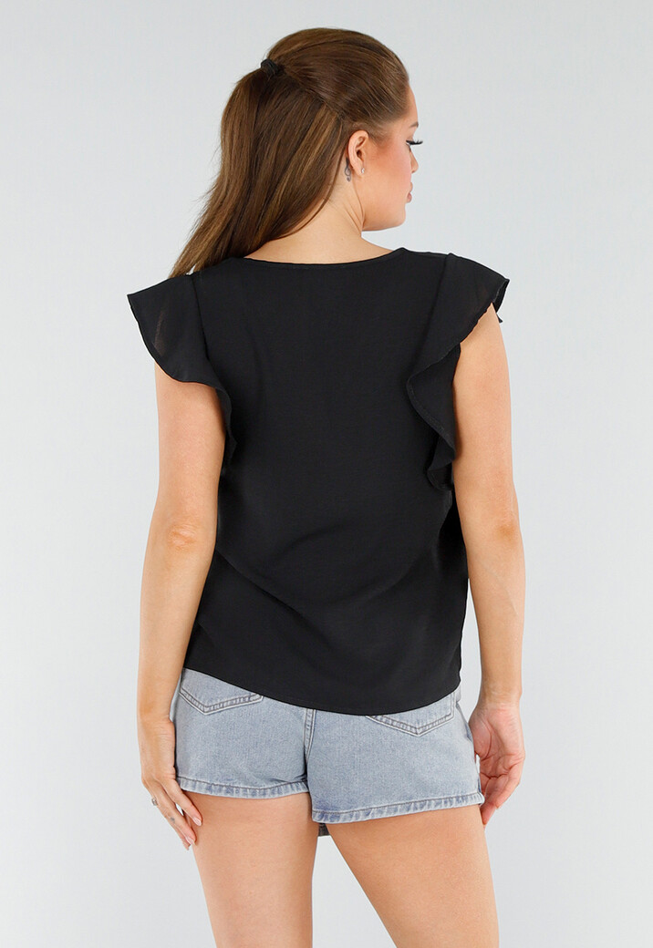 Zwarte Blouse met V-Hals en Ruches aan de Mouwen