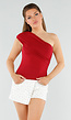 Rode One-Shoulder Top Met Plooien en Stretch