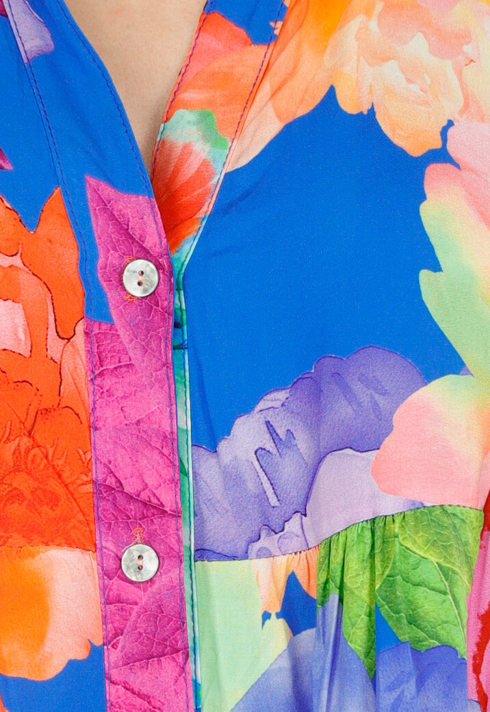 Multicolor Maxi Jurk met Knoopsluiting en Grote Bloemenprint