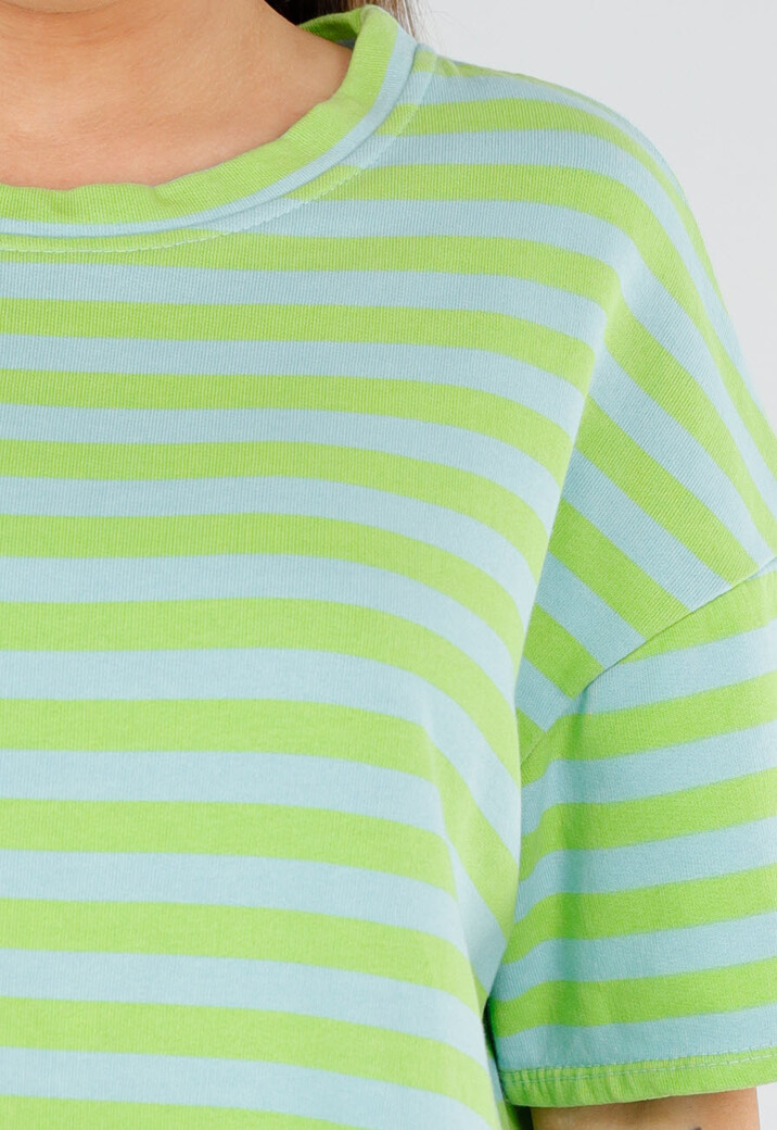 Groen en Blauw Gestreepte Oversized Top met Ronde Hals