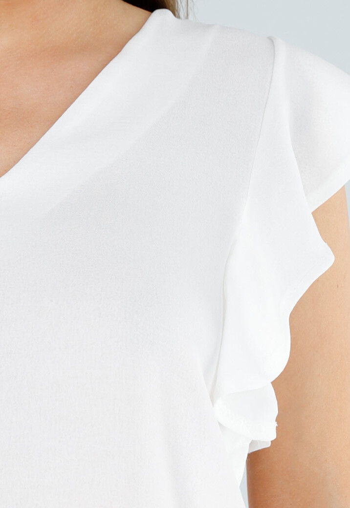 Witte Top met V-Hals en Ruchemouwen