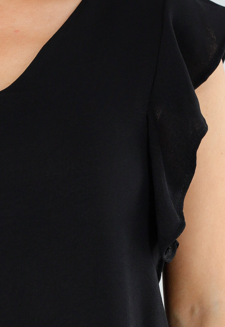Zwarte Blouse met V-Hals en Ruches aan de Mouwen