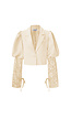 Beige Cropped Blazer met Kanten Mouwen en Pofschouders