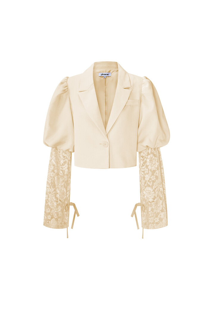 Beige Cropped Blazer met Kanten Mouwen en Pofschouders