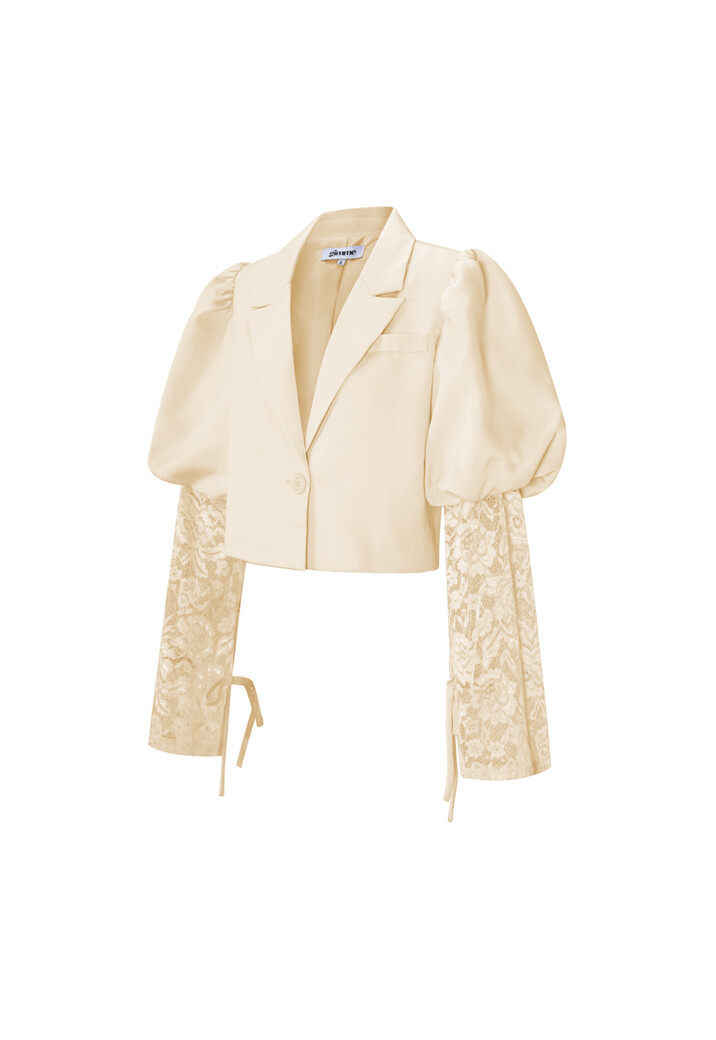 Beige Cropped Blazer met Kanten Mouwen en Pofschouders