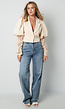 Beige Cropped Blazer met Kanten Mouwen en Pofschouders