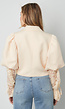 Beige Cropped Blazer met Kanten Mouwen en Pofschouders