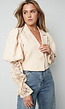Beige Cropped Blazer met Kanten Mouwen en Pofschouders